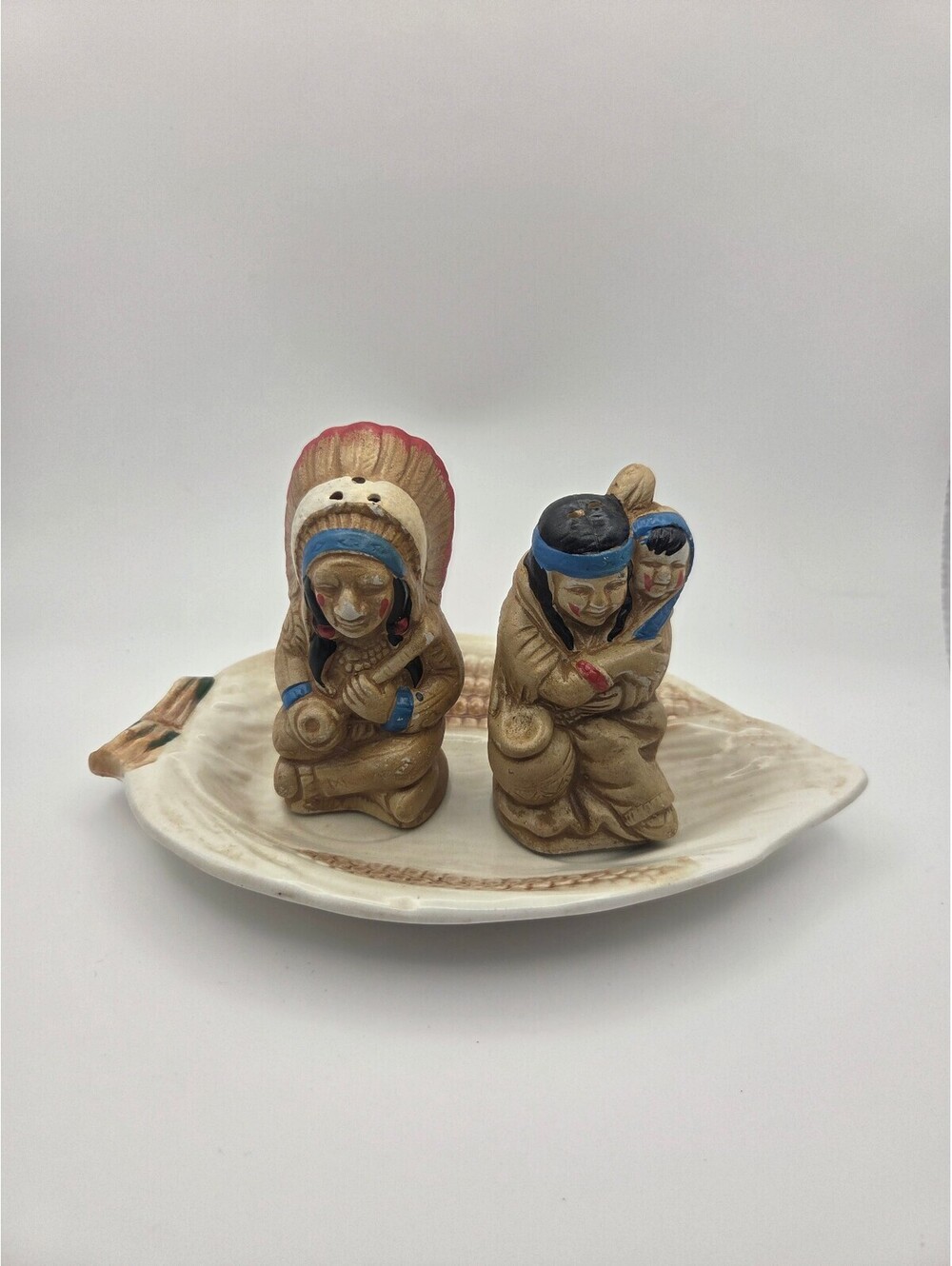 Vintage Native American Chief & Squaw S & P Shakers on Corn-Shaped tray
